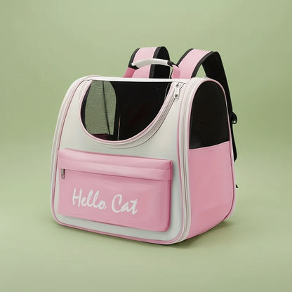 Pink and light blue pet carrier with 'Hello Cat' text on a white background
