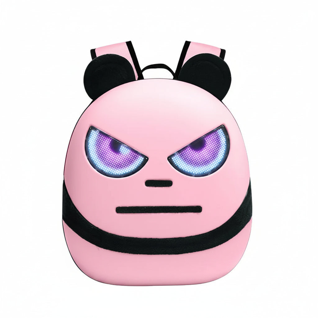 Pink backpack with cartoon face design and LED eyes on a white background