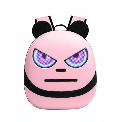 Pink backpack with cartoon face design and LED eyes on a white background