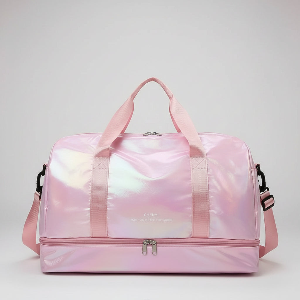 Pink iridescent duffel bag on a white background