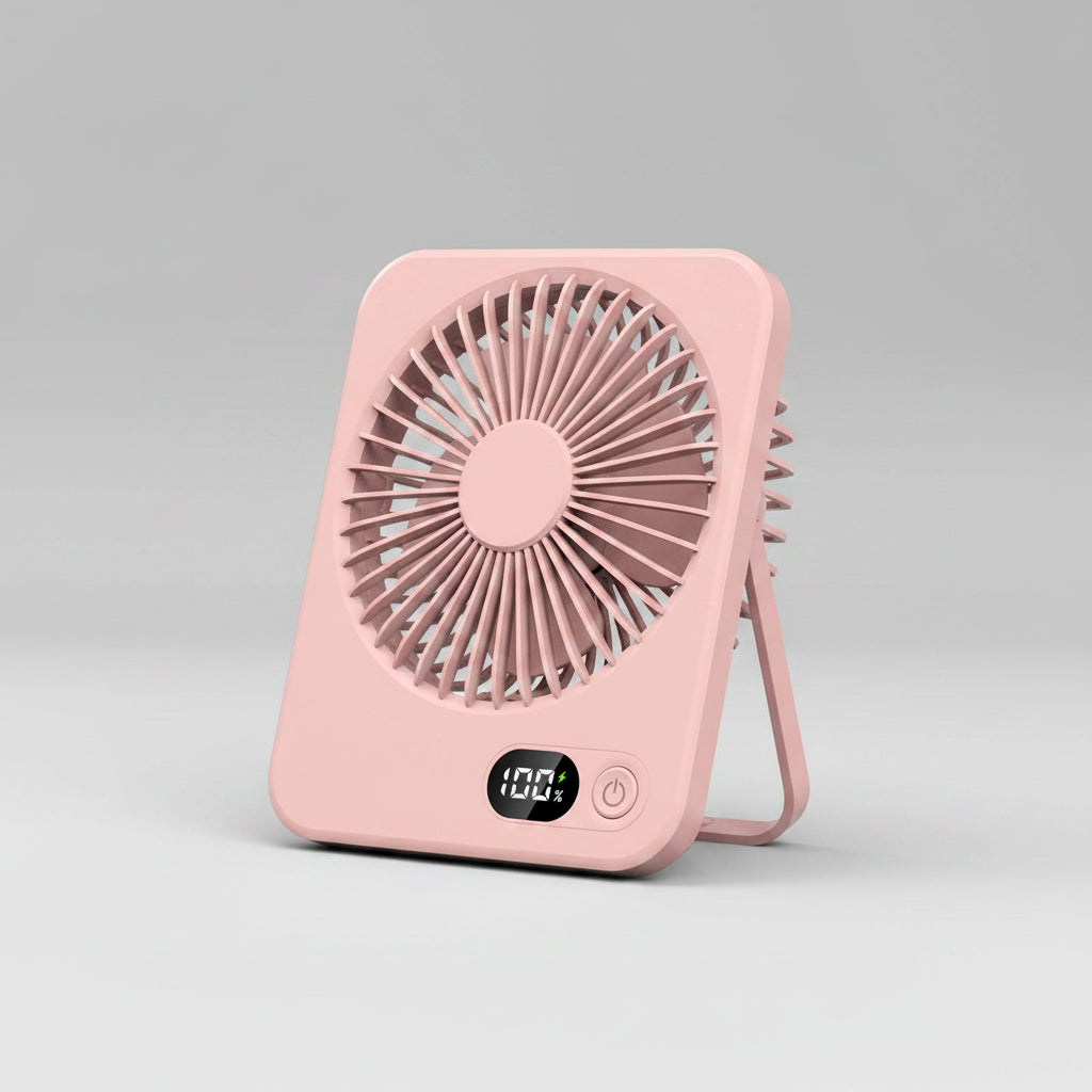 Pink portable fan with digital display on a white background