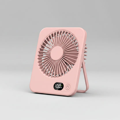 Pink portable fan with digital display on a white background