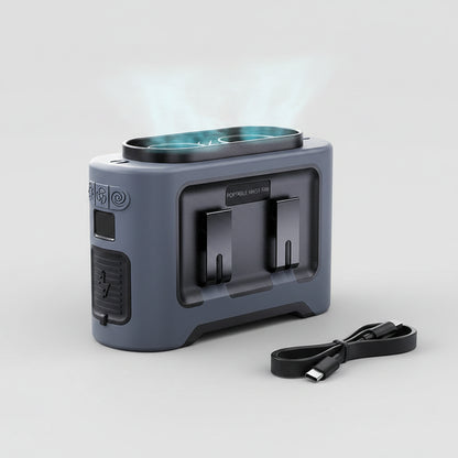 Portable air conditioning device with features listed on a blue background