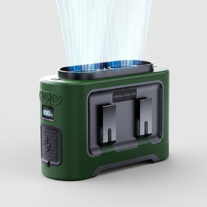 Portable air conditioning unit with features listed on a blue background