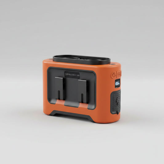 Portable air conditioning unit with features listed on a blue background