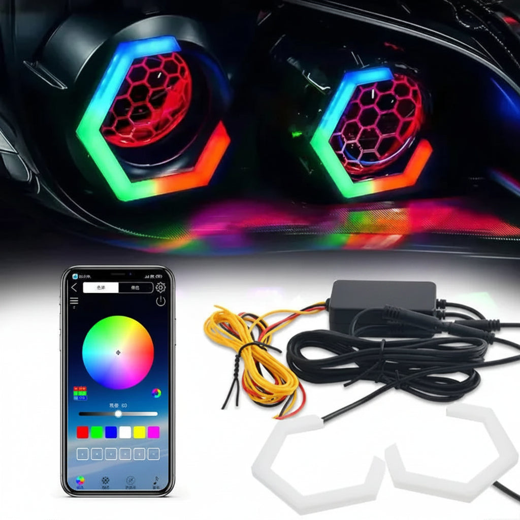 Car interior with RGB LED lights and smartphone app for color selection, along with wiring and connectors.