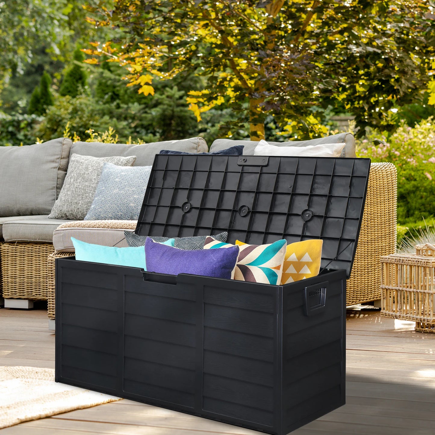 75 Gallon Outdoor Deck Box – 280L Wheeled Lockable Storage Chest with Wood-Effect Finish