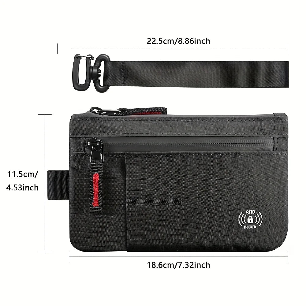 RFID Blocking Wrist Clutch Wallet – Nylon, Card Holder, Cash Pocket, Unisex, Full Black / Black-Red