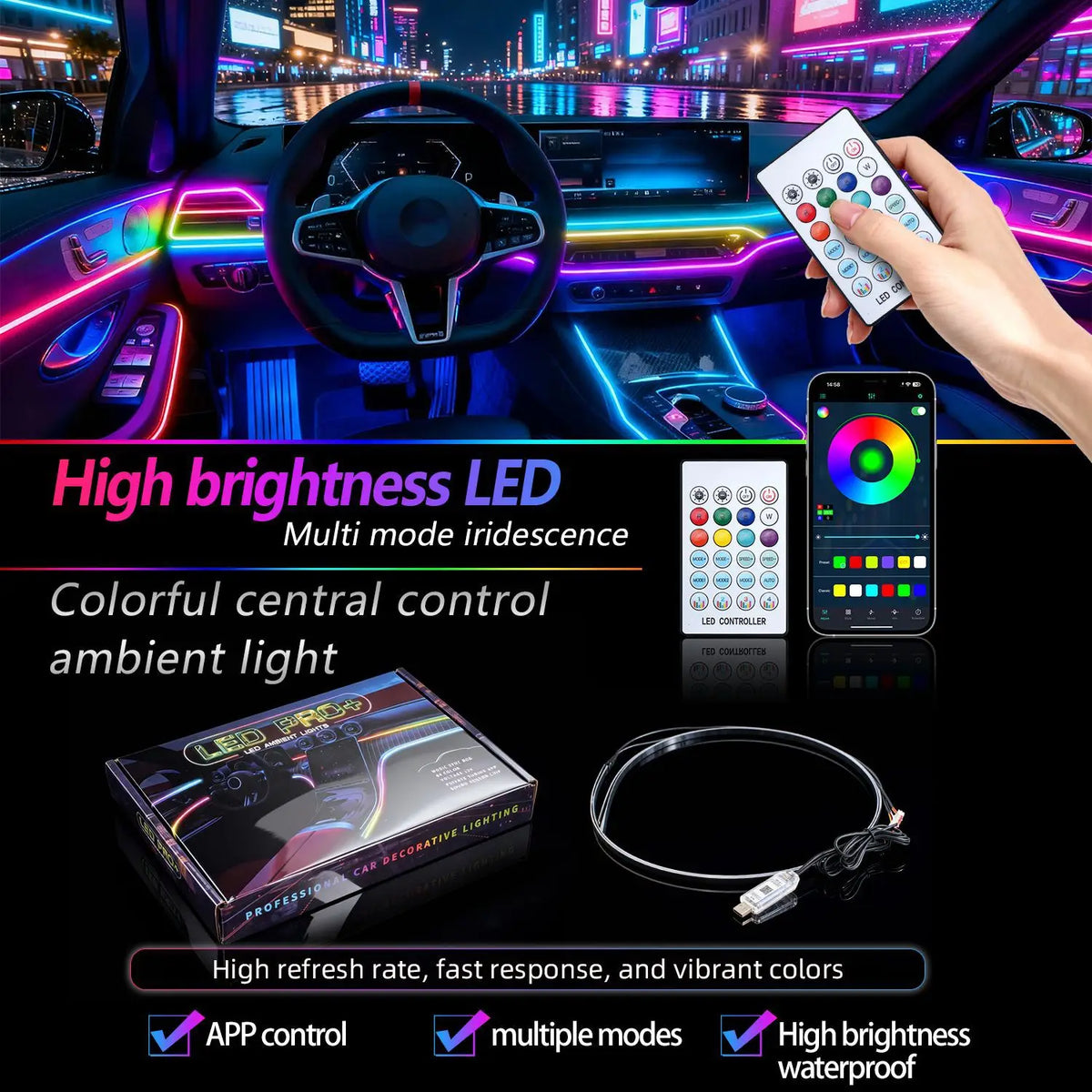 RGB Dream Color Acrylic Car Ambient Light Strip – App Remote Button