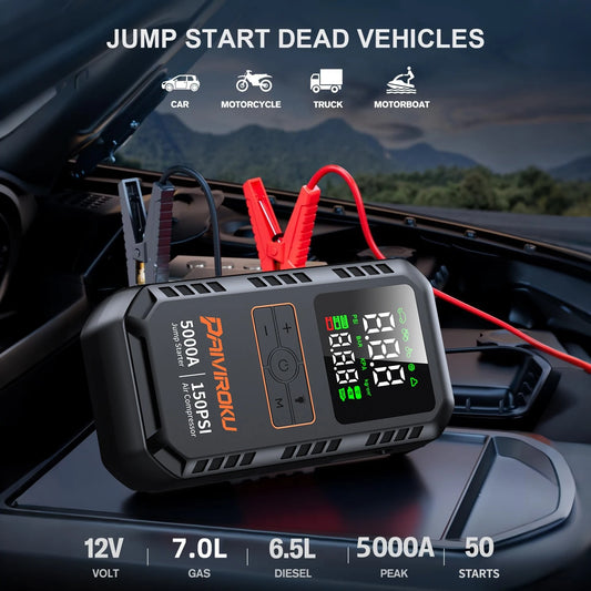 4-in-1 Car Jump Starter with Air Compressor 5000A Peak 150 PSI Portable Battery Booster Power Bank