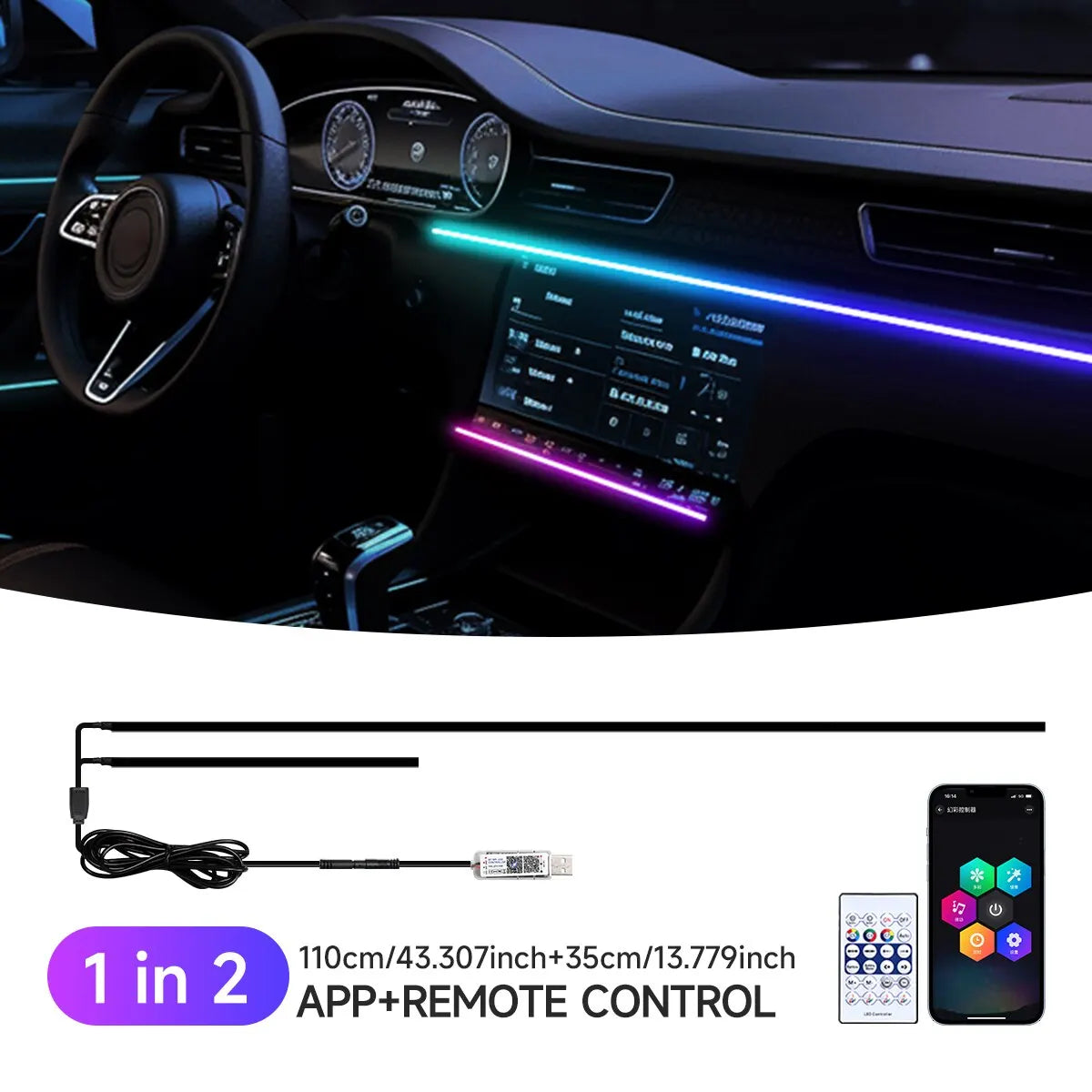 USB RGB Acrylic Car Interior Ambient Light Strip with App & Remote Control