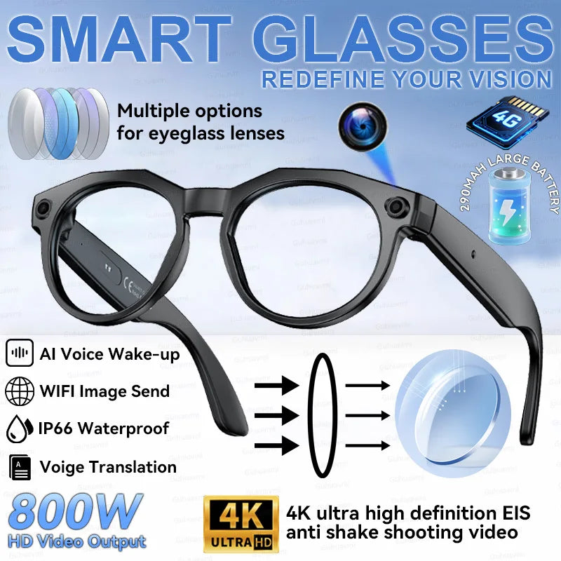 AI Smart Glasses with HD Camera Real Time Translation Bluetooth Audio WiFi Transmission for Android iOS