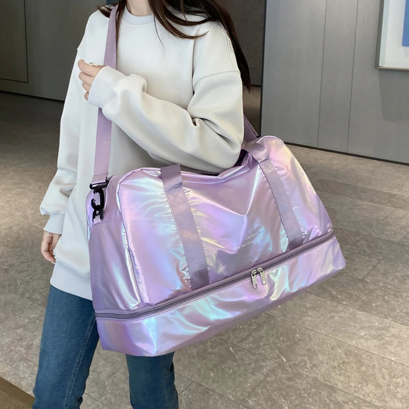 Holographic Nylon Weekender Duffel Bag – Large Capacity for Gym, Sports & Overnight Trips