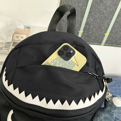 3D Shark Shape Backpack with Plush Pendant – Nylon, Large Capacity, Kids & Adults, Gray / White / Black