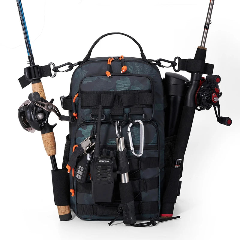 Outdoor Tactical Backpack – Oxford Embroidery, Rod Holder, Waterproof for Hiking, Fishing & Trekking