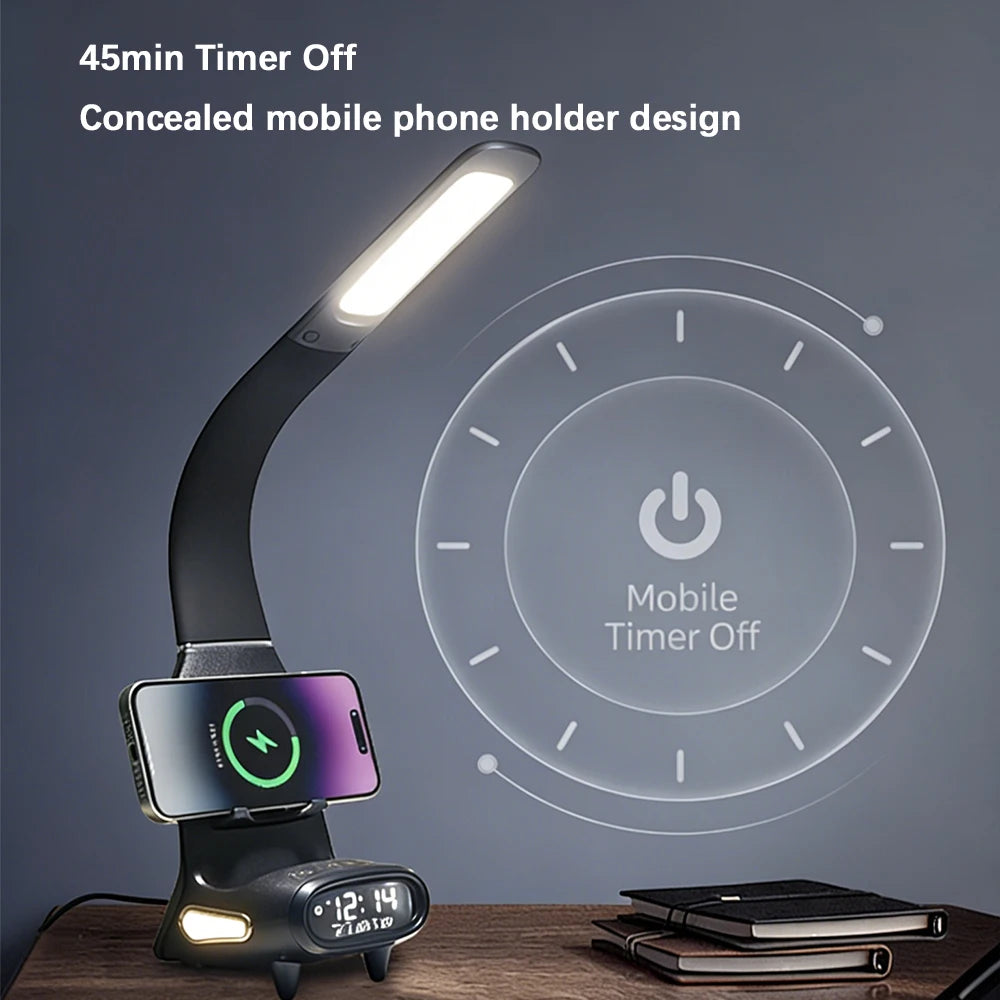 Multifunctional LED Desk Lamp with 15W Wireless Charging Digital Display Dimmable Touch Sensor Reading Light