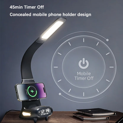 Multifunctional LED Desk Lamp with 15W Wireless Charging Digital Display Dimmable Touch Sensor Reading Light