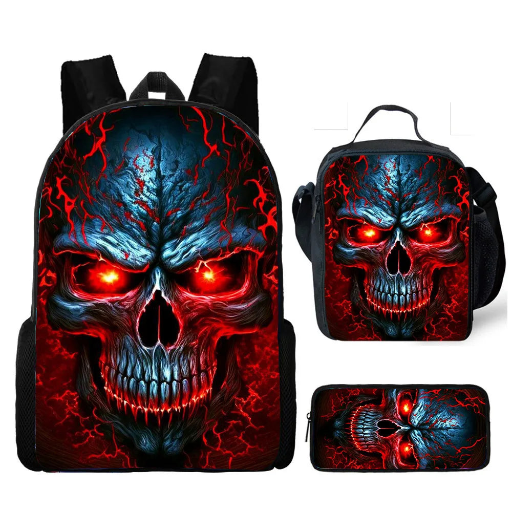 Skull Print School Backpack 3-Piece Set – Backpack, Lunch Bag & Pencil Case, Nylon, Unisex
