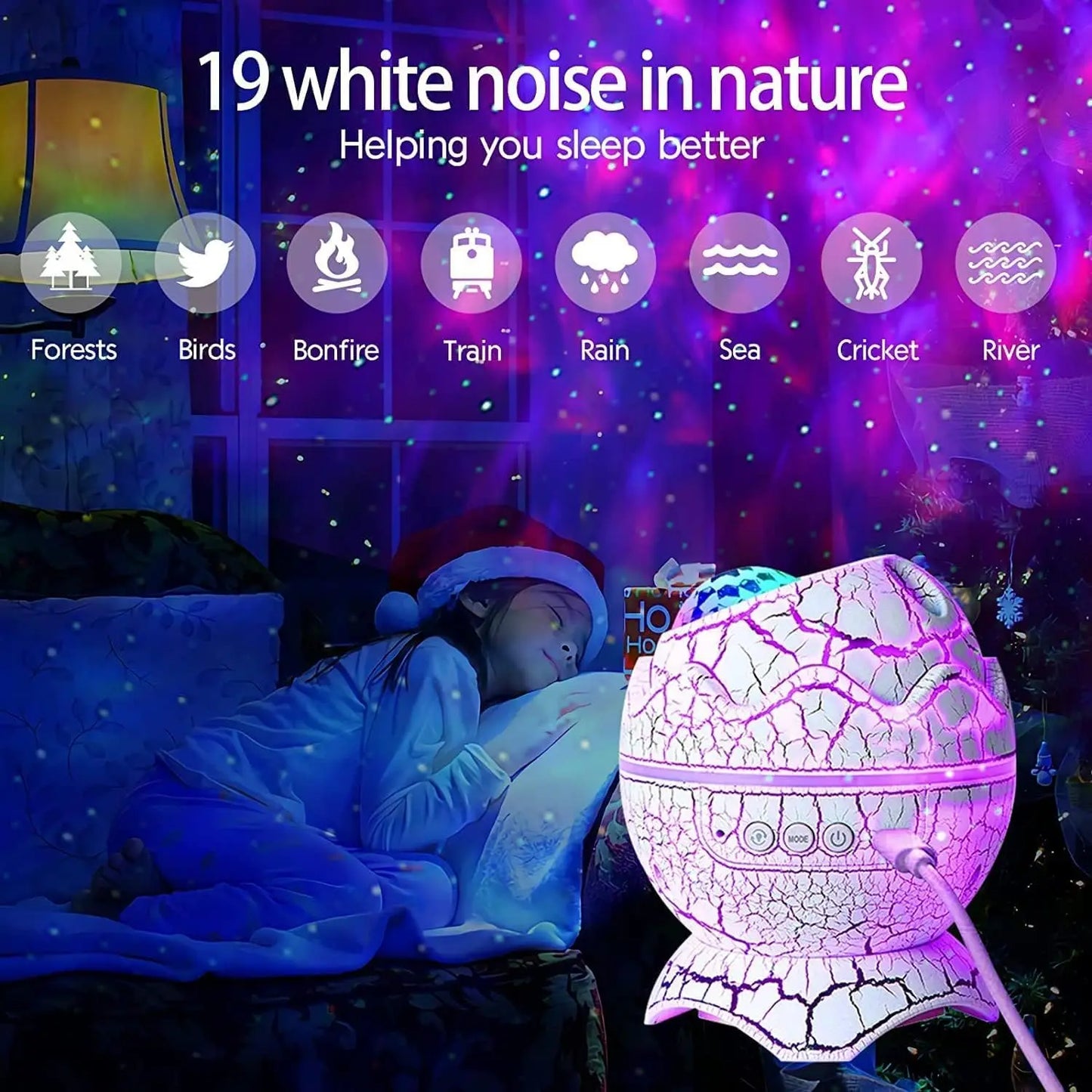 Dinosaur Egg Galaxy Star Projector Night Light with Music Player and White Noise Nebula Lamp