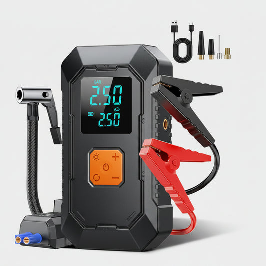 Portable jump starter and air compressor with digital display on a white background