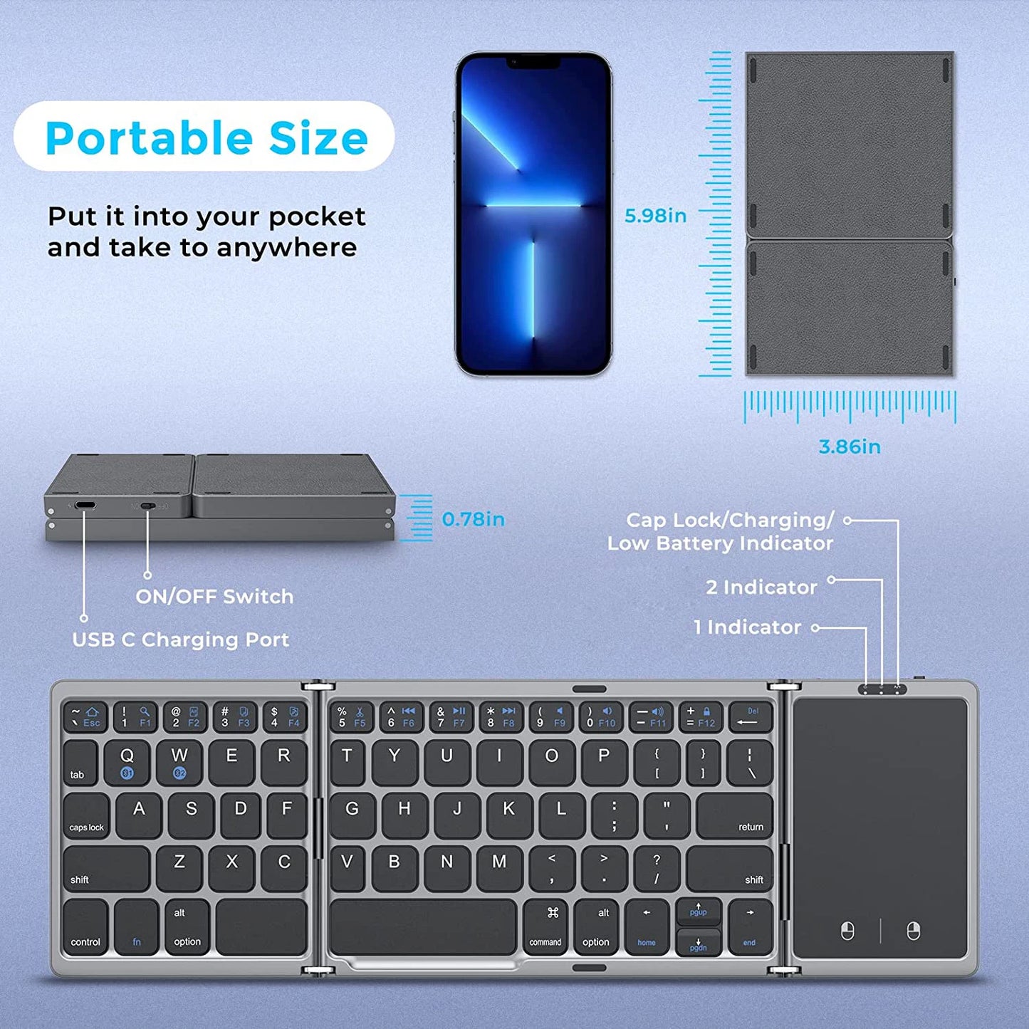 Foldable Wireless Bluetooth Keyboard Rechargeable Portable Keyboard for PC Mac Smartphone iOS Android
