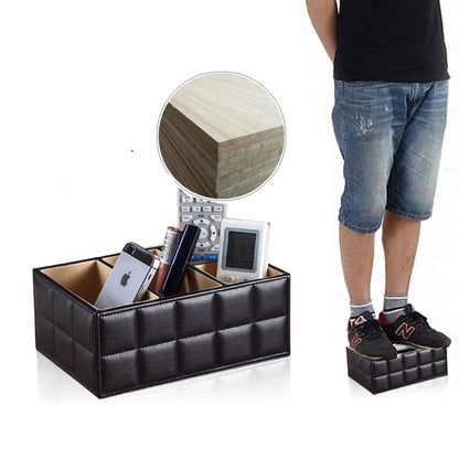 PU Leather Desktop Organizer – 4-Slot Storage Box for Remote Control, Phone & Office Supplies