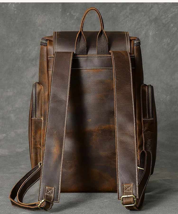 Vintage Crazy Horse Genuine Leather Backpack – Handmade, Fits 17" Laptop