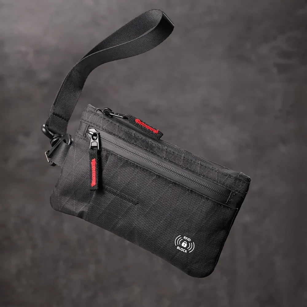 RFID Blocking Wrist Clutch Wallet – Nylon, Card Holder, Cash Pocket, Unisex, Full Black / Black-Red