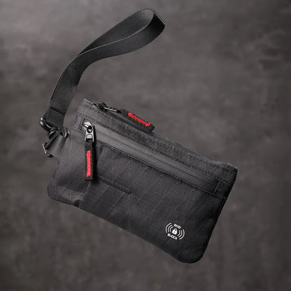 RFID Blocking Wrist Clutch Wallet – Nylon, Card Holder, Cash Pocket, Unisex, Full Black / Black-Red