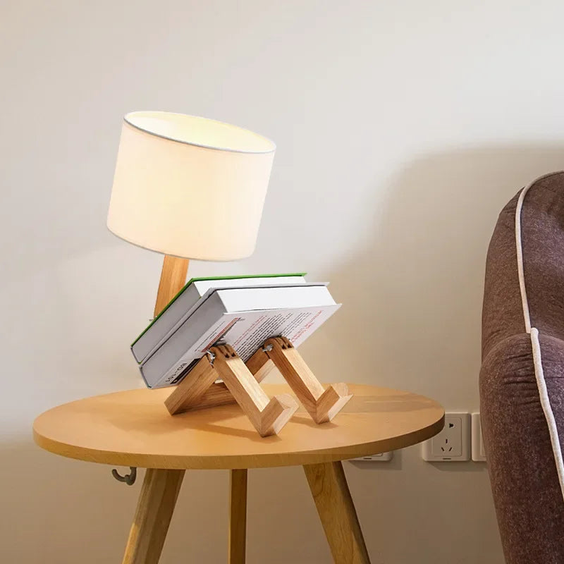 Adjustable Robot Shape Table Lamp E27 Wooden Fabric Foldable Desk Light for Bedroom Living Room Study