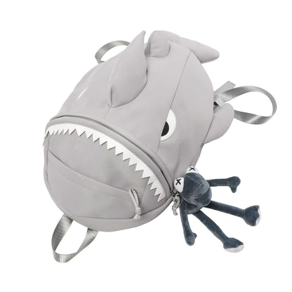 3D Shark Shape Backpack with Plush Pendant – Nylon, Large Capacity, Kids & Adults, Gray / White / Black
