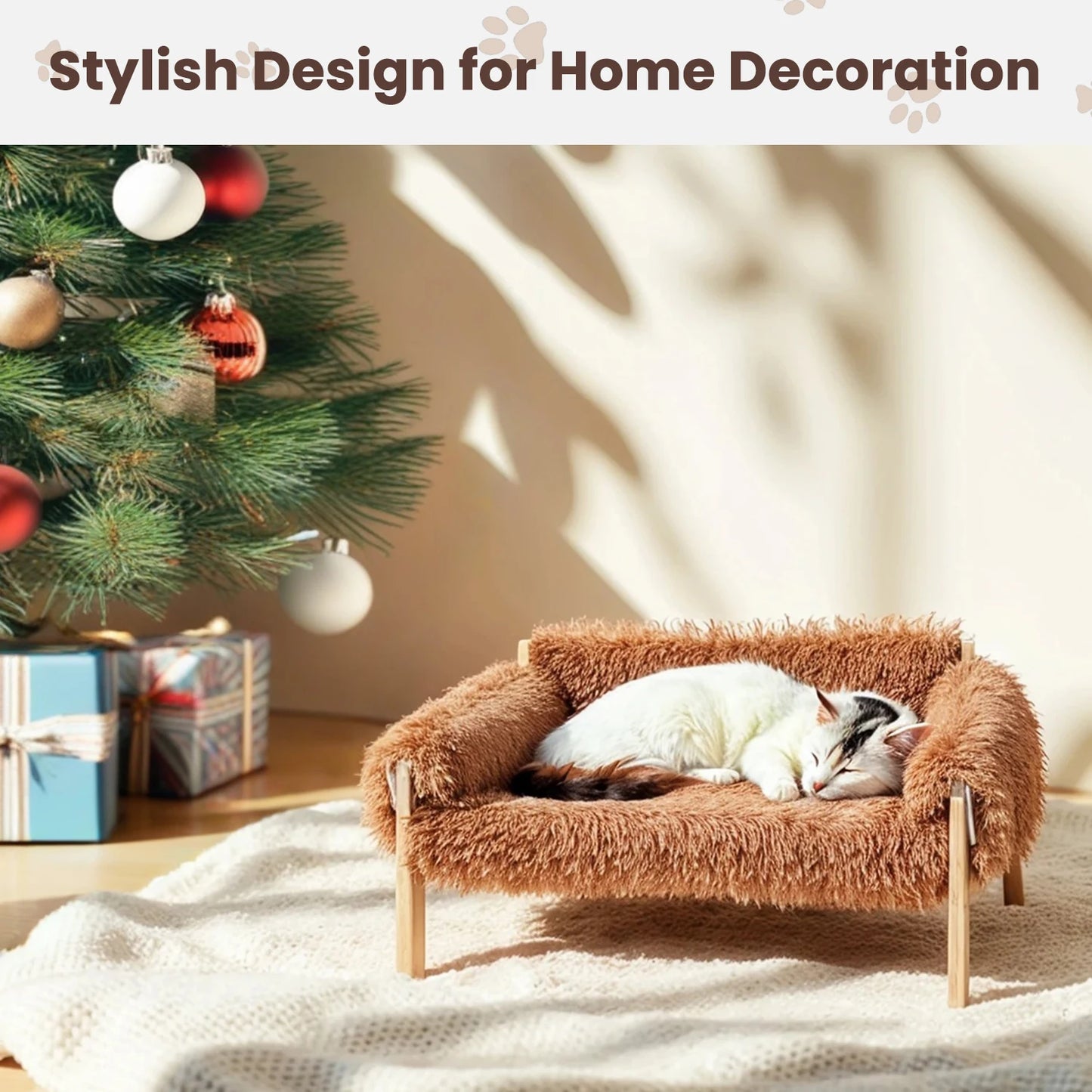Raised Cat Sofa Bed with Wooden Legs – Plush Pet Couch for Indoor Cats