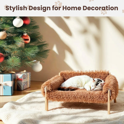 Raised Cat Sofa Bed with Wooden Legs – Plush Pet Couch for Indoor Cats