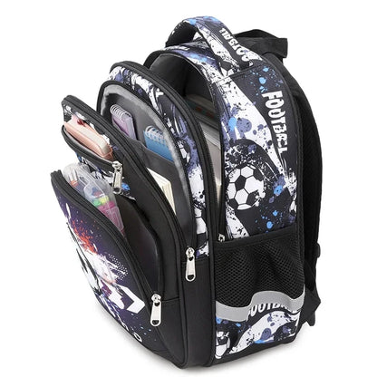 Football Print School Backpack – Nylon Travel & School Bag for Boys, Blue & Black