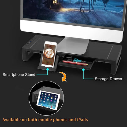 Foldable Height-Adjustable Monitor Stand Riser with Storage Drawer & Phone Stand