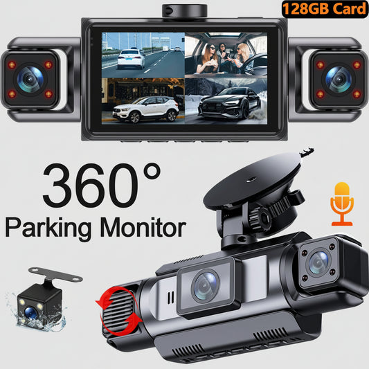 4-Channel 360° Dash Cam with WiFi, Front, Interior & Rear Cameras, 24H Parking Monitor