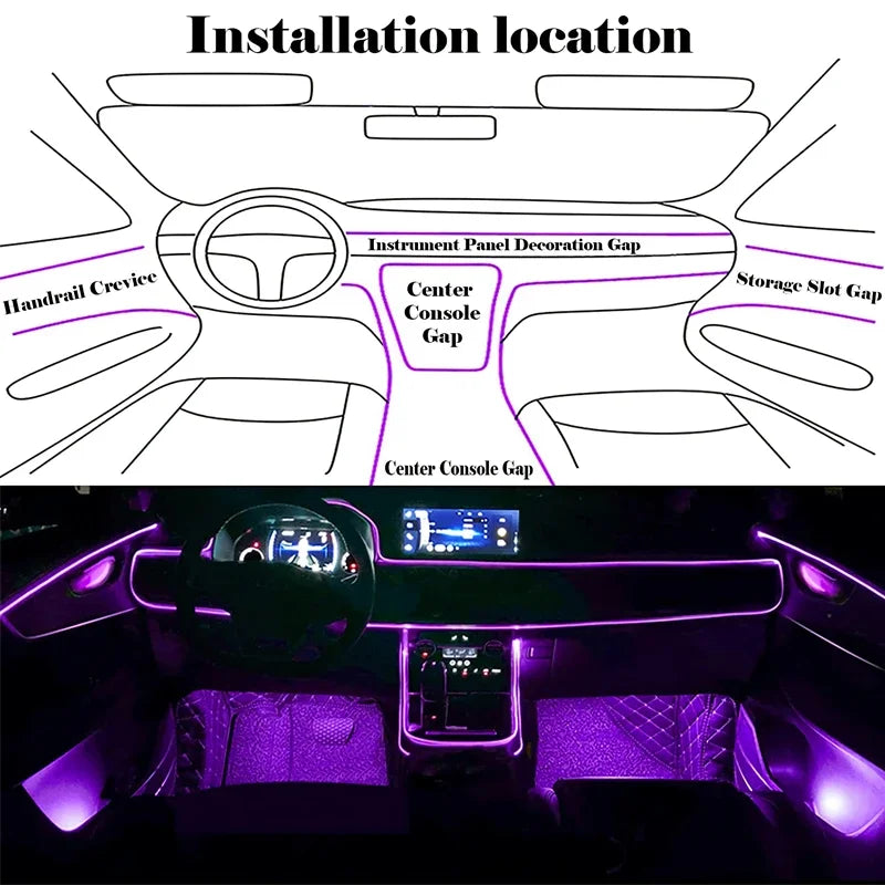 RGB Car Interior EL Wire Light Strip with App Control 12V Neon Ambient Lighting