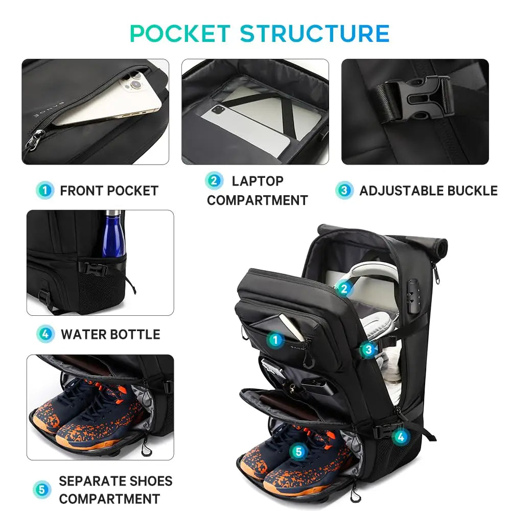 30L Anti-Theft Backpack with Detachable Sling Bag – Shoe Compartment, Laptop Sleeve