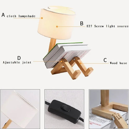 Adjustable Robot Shape Table Lamp E27 Wooden Fabric Foldable Desk Light for Bedroom Living Room Study