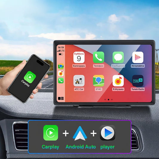 10-inch car multimedia player with smartphone connection on a car dashboard