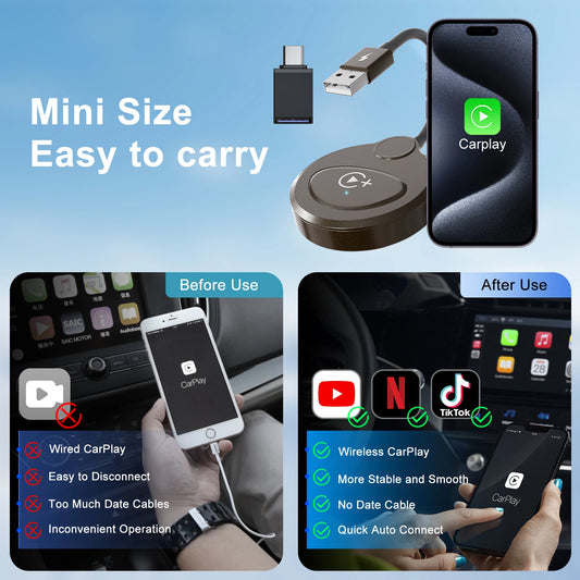 Wireless CarPlay Video Adapter with YouTube Netflix TikTok and Screen Mirroring for Factory Wired CarPlay