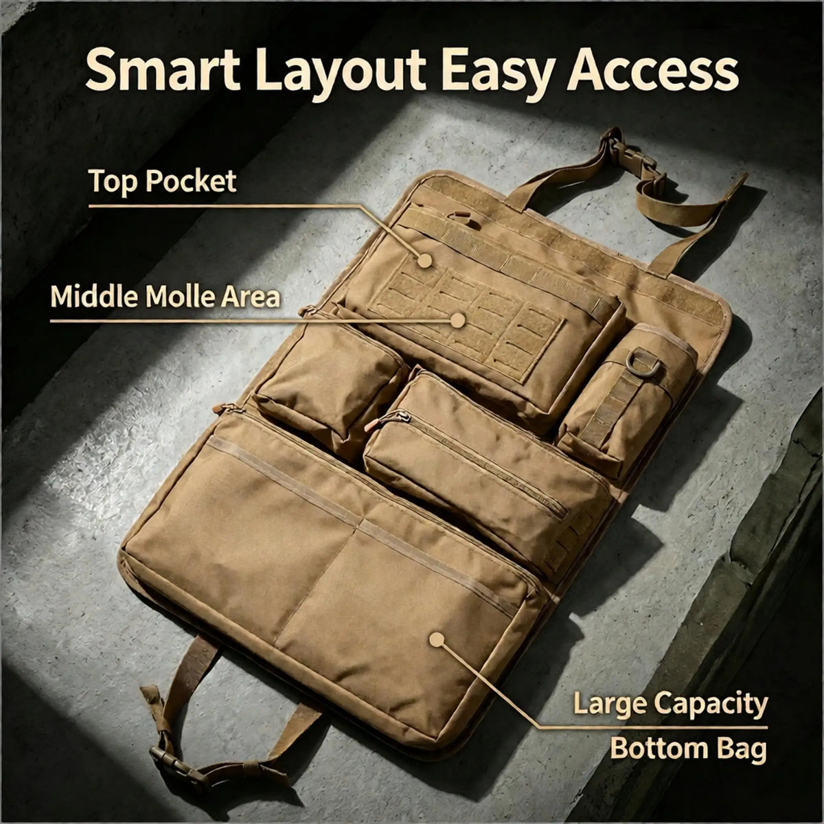 Tactical Car Rear Seat Hanging Storage Bag – Oxford, MOLLE, 60×40cm, Large Capacity, Black / Khaki / CP