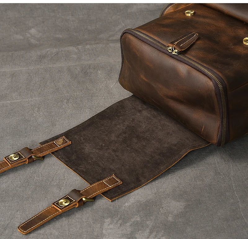 Vintage Crazy Horse Genuine Leather Backpack – Handmade, Fits 17" Laptop