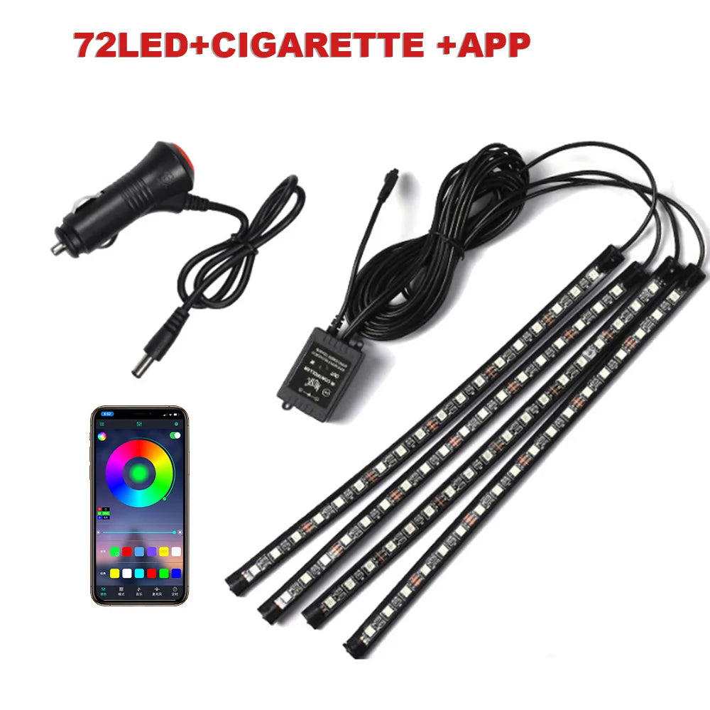 IP68 RGB Car Foot Ambient Light Bar Set – 72 LED, 4-Piece, App or Remote, 5V/12V
