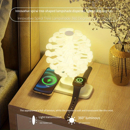Spiral Tree Table Lamp with Colorful Lighting and Wireless Charging Pad for Phone and Watch