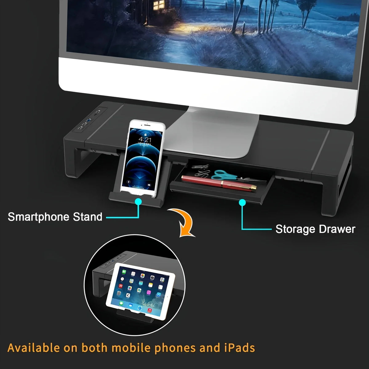 Foldable Height-Adjustable Monitor Stand Riser with Storage Drawer & Phone Stand