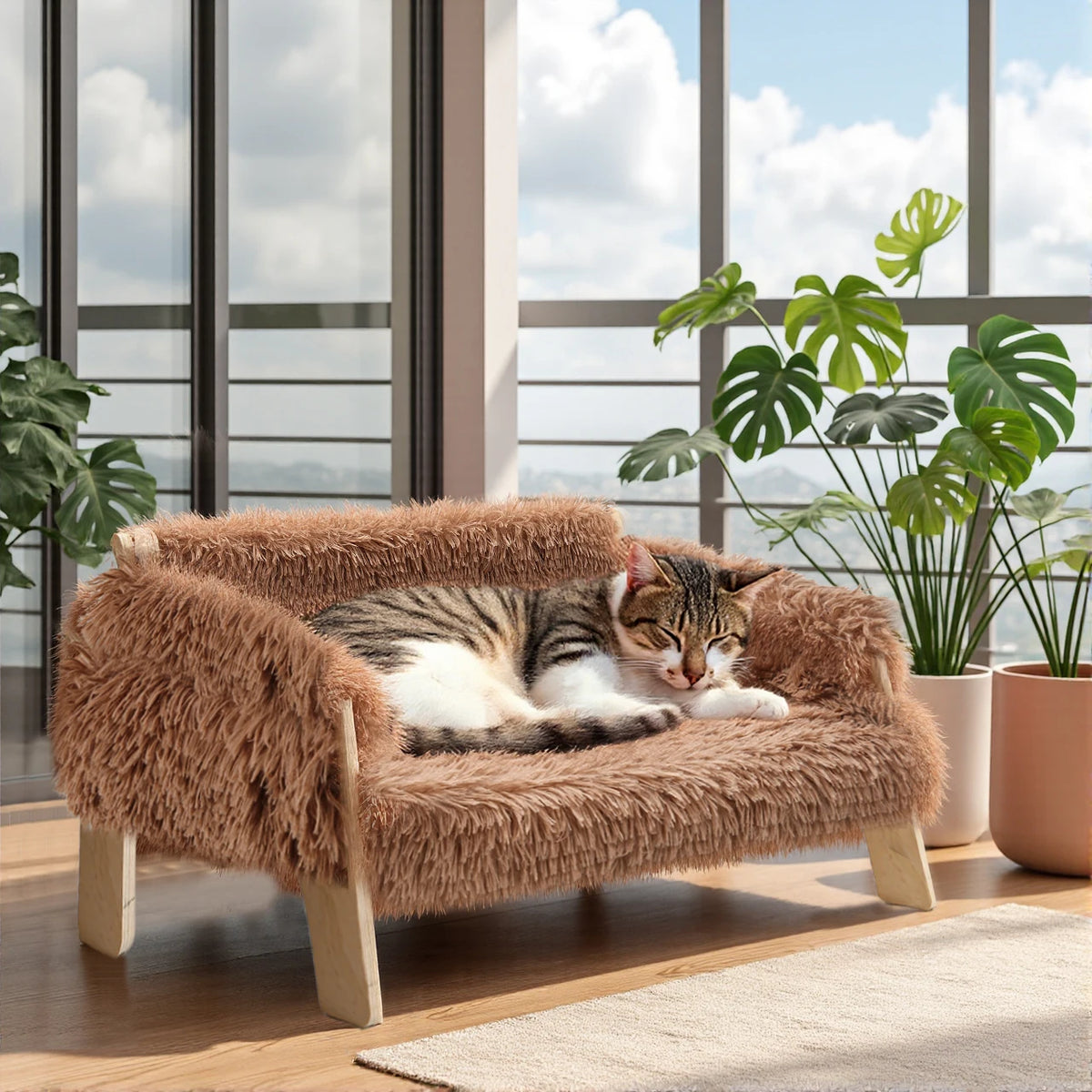Raised Cat Sofa Bed with Wooden Legs – Plush Pet Couch for Indoor Cats