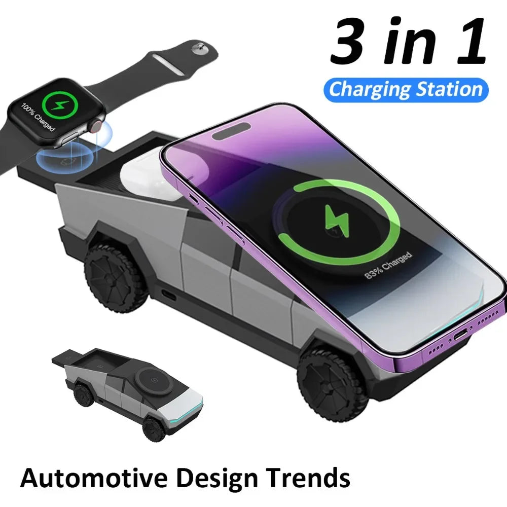 Cybertruck Style 3 in 1 Magnetic Wireless Charger Phone Stand Fast Charging Dock for iPhone Watch AirPods