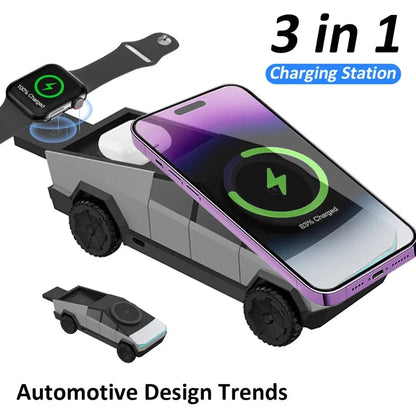 Cybertruck Style 3 in 1 Magnetic Wireless Charger Phone Stand Fast Charging Dock for iPhone Watch AirPods