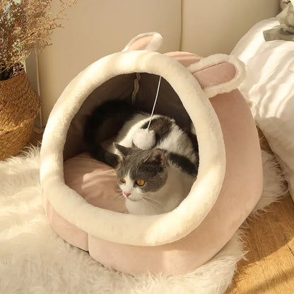 Cartoon Animal Ear Cat Cave Bed – Foldable Semi-Enclosed Pet Bed with Removable Cushion